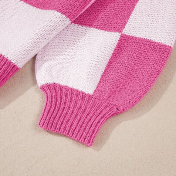 Hot Pink Casual Women's Checkered Elegant Sweater - Picture 6 of 8